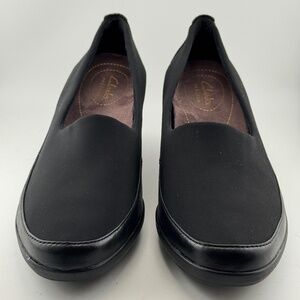 Women's Clarks Artisan Leather/Textile  Wedge Shoes Black 9 Medium